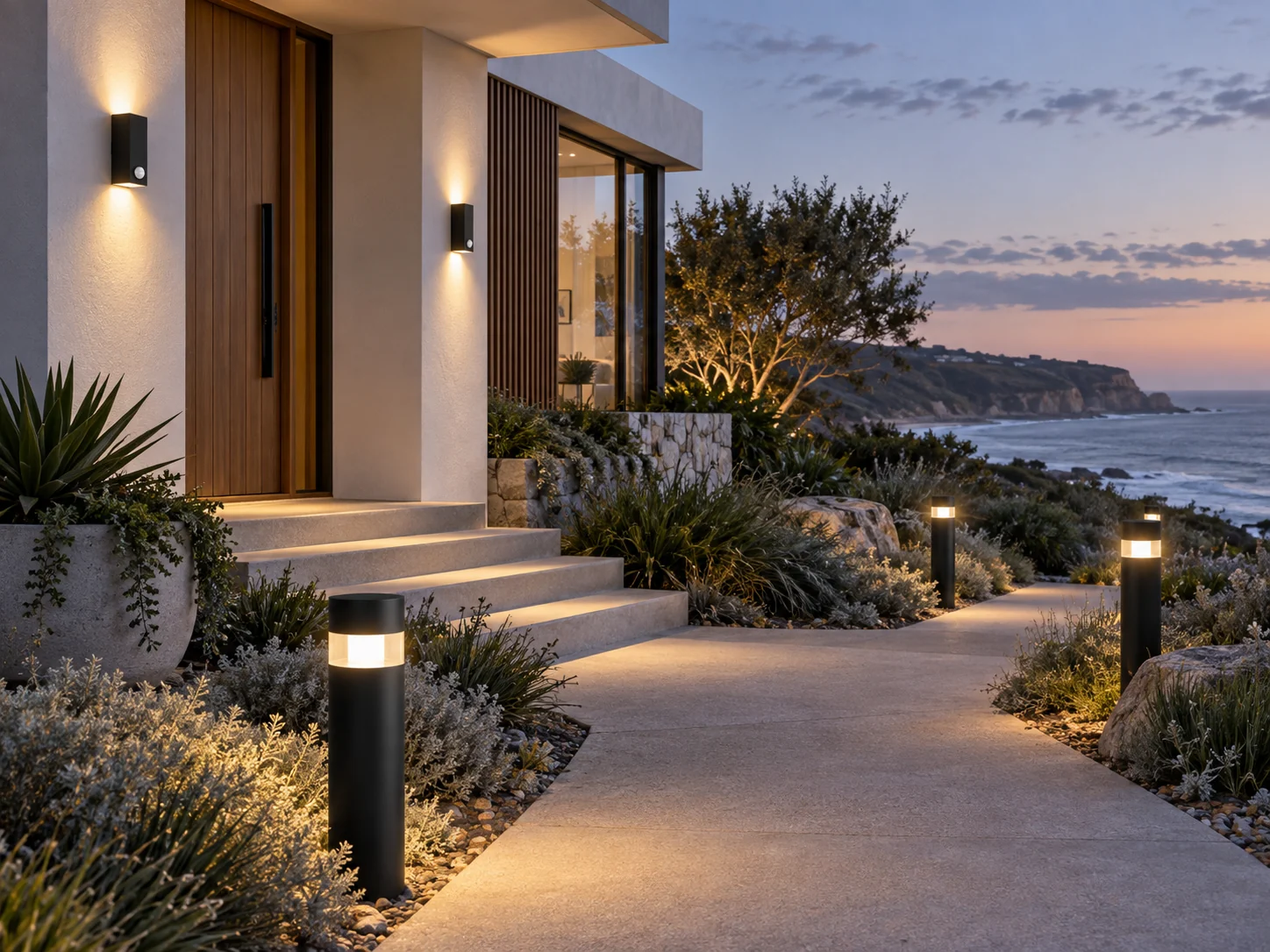 Outdoor wall lights and bollards installed around a contemporary coastal home