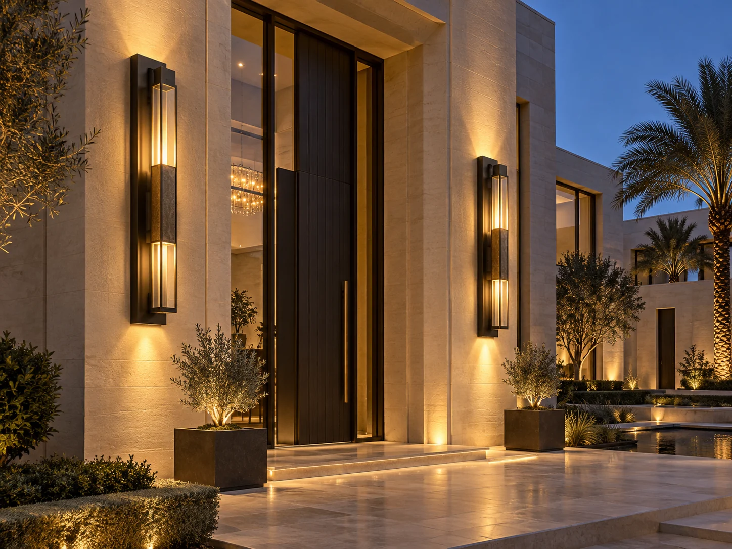 Large black and bronze outdoor wall lights designed for a modern villa facade