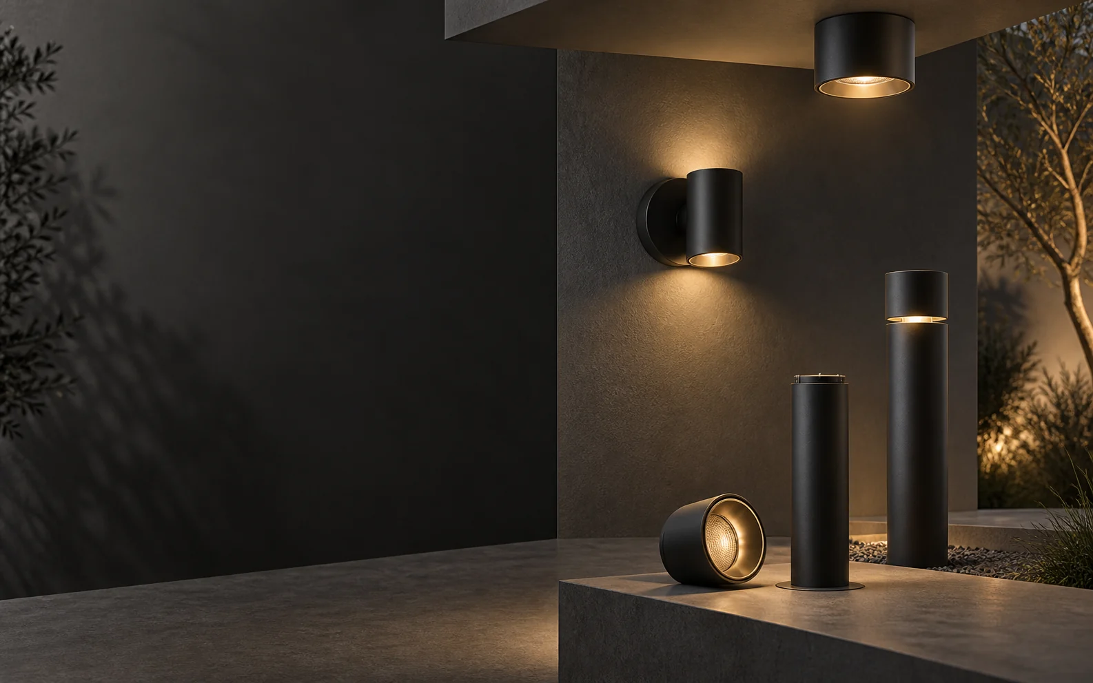Coordinated architectural wall lights, bollards and ceiling lights in an outdoor setting
